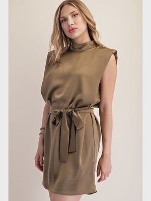 Maegan Mock Neck Mini Satin Dress - OLIVE