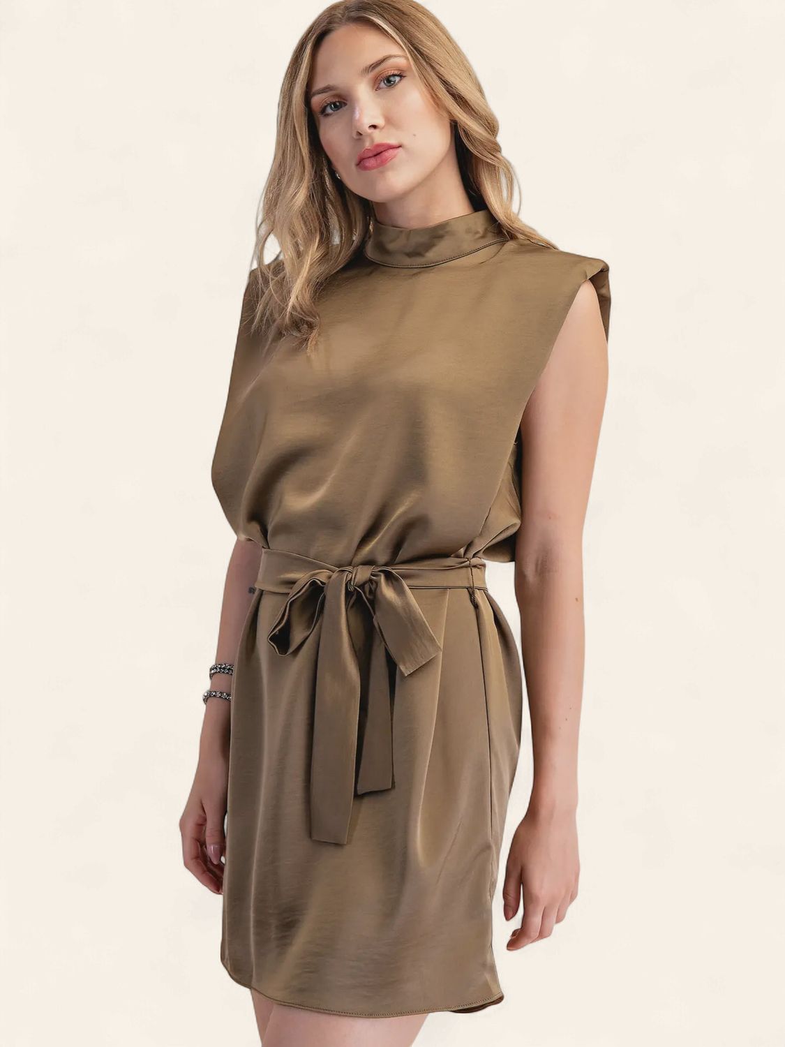 Maegan Mock Neck Mini Satin Dress - OLIVE