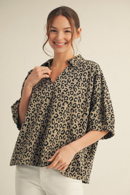 Drop Shoulder Leopard Top - OATMEAL