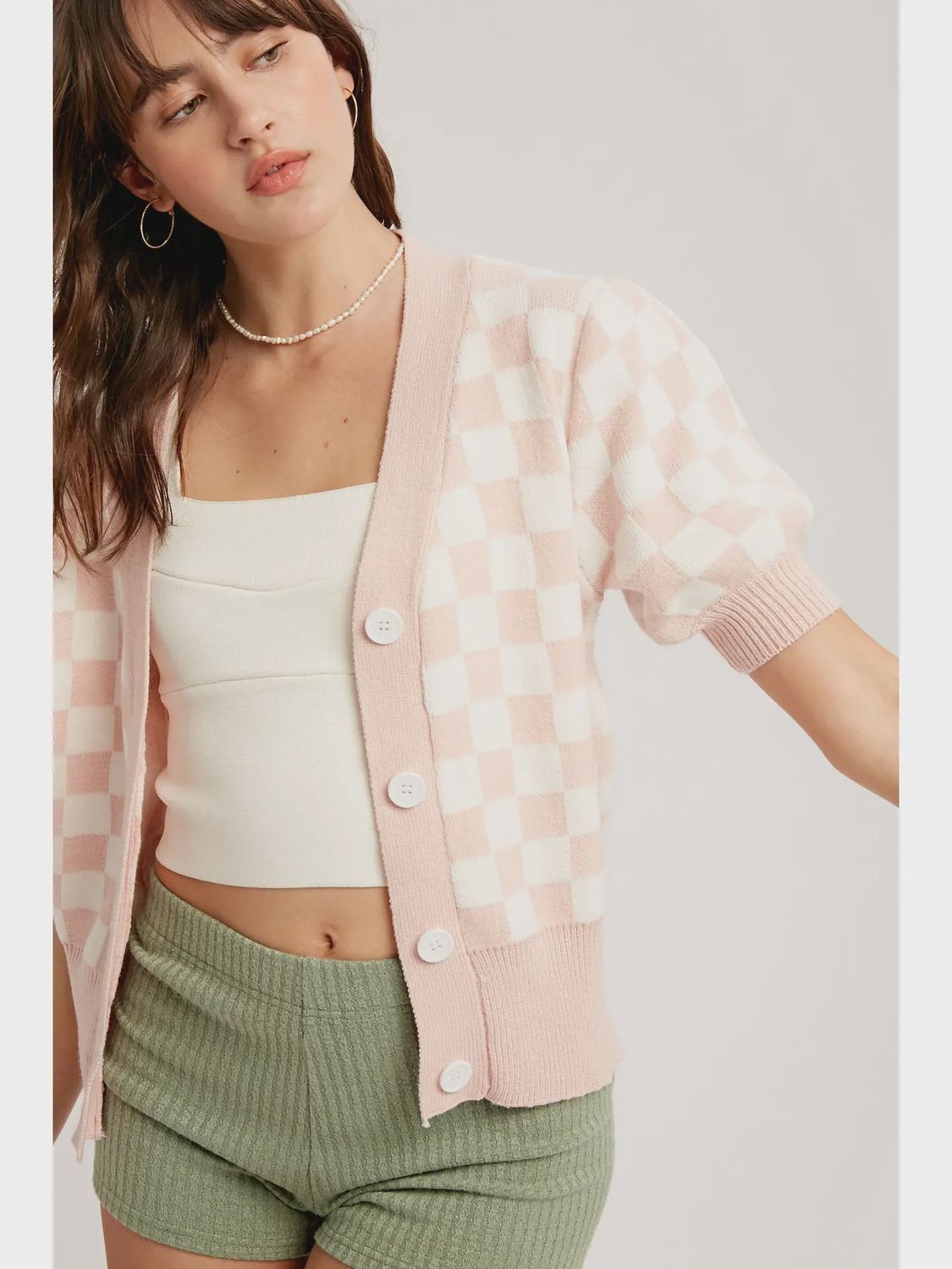 Checkered Puff Sleeve Cardigan - BLUSH