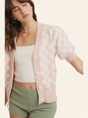 Checkered Puff Sleeve Cardigan - BLUSH
