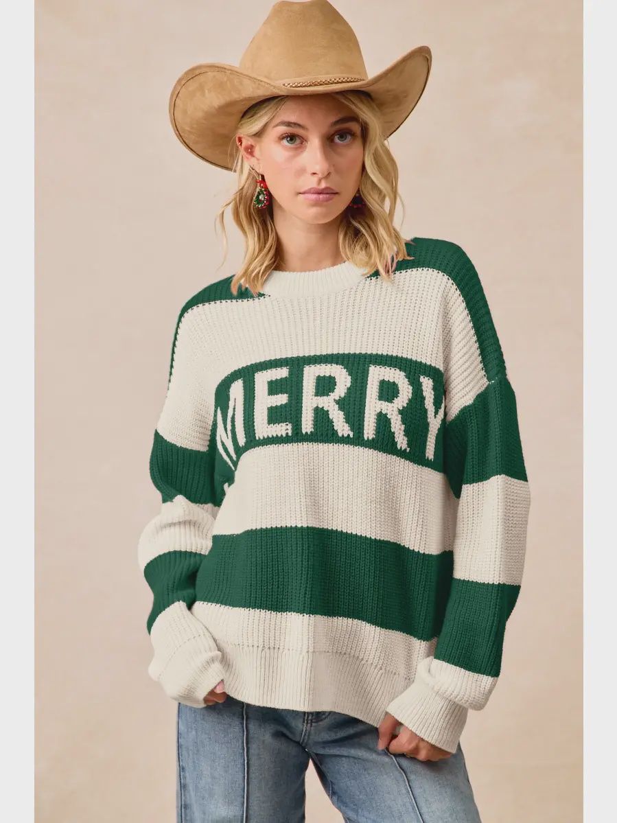Merry Christmas Sweater - GREEN/IVORY