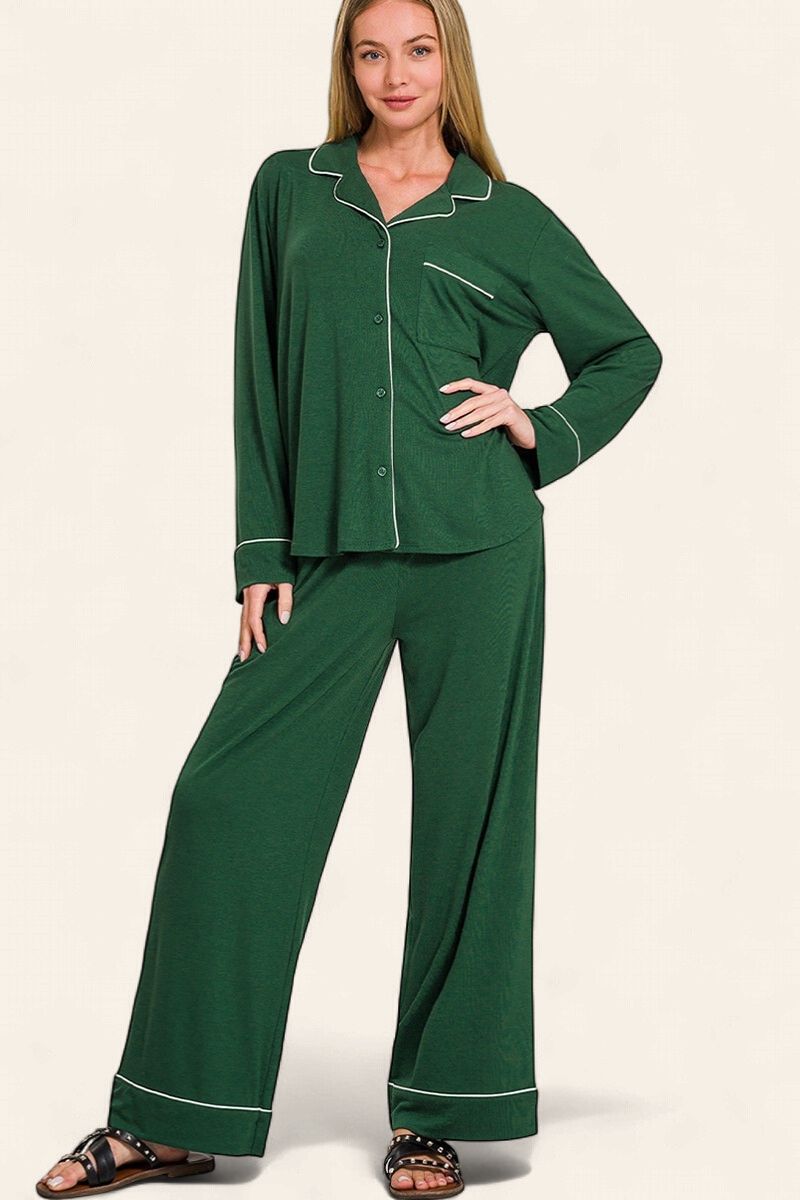 Long Sleeve Pajama Set - DARK GREEN