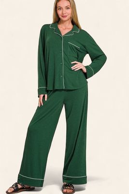 Long Sleeve Pajama Set - DARK GREEN