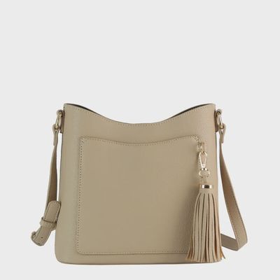 Tassel Charm Pebbled Bag - LIGHT STONE