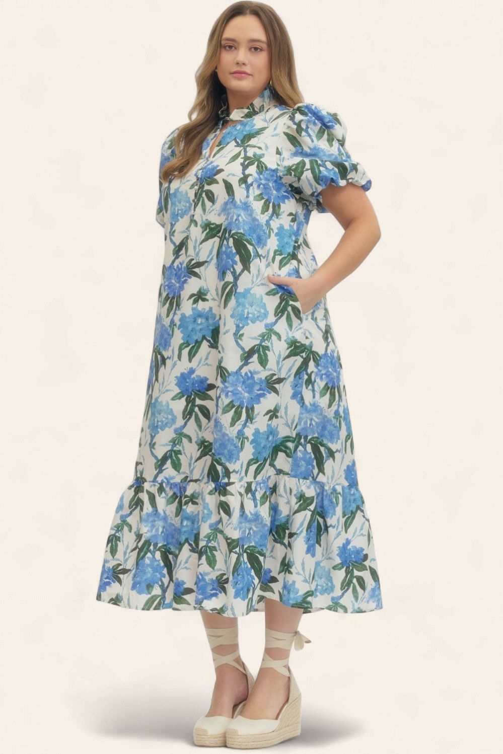 Plus Full Blooms Dress - ROYAL/IVORY