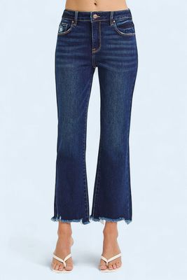 RISEN High Rise Crop Straight Slim Jeans - DARK