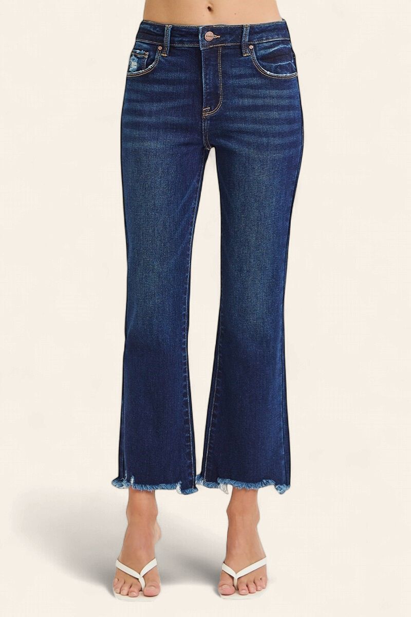 RISEN High Rise Crop Straight Slim Jeans - DARK