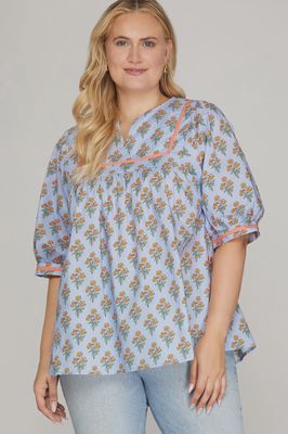 Plus Odette Printed Top - PERIWINKLE