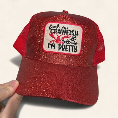Feed Me Crawfish Cap - RED GLITTER