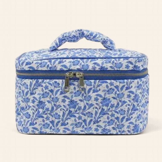 Blue Floral Quilted Makeup Bag