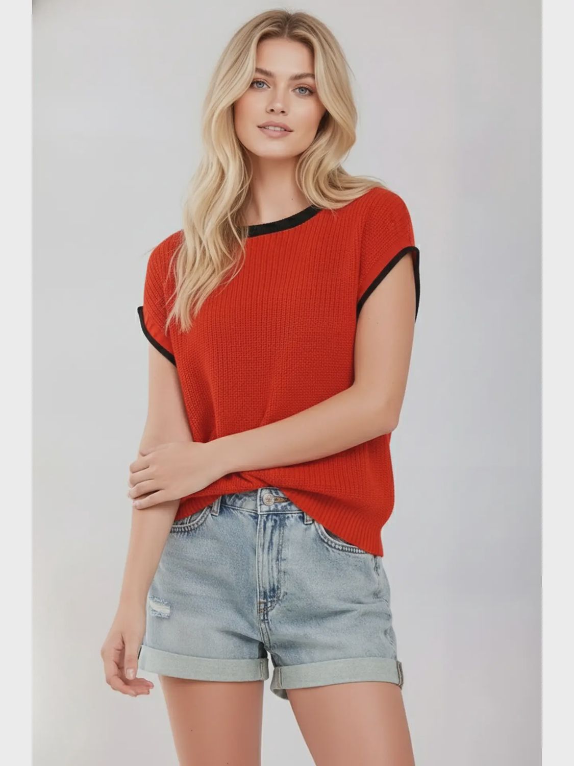 Contrast Trim Knit Top - RED