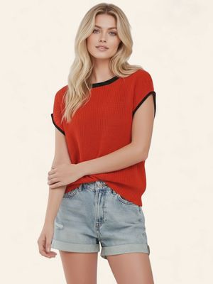 Contrast Trim Knit Top - RED