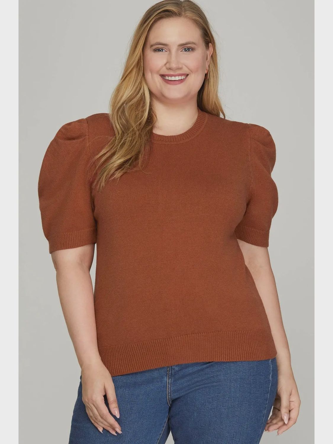 Plus Short Sleeve Sweater - CINNAMON