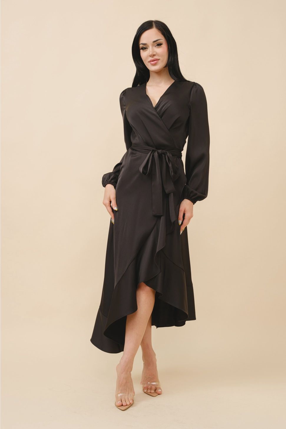 Belle Satin Ruffle Midi Dress - BLACK