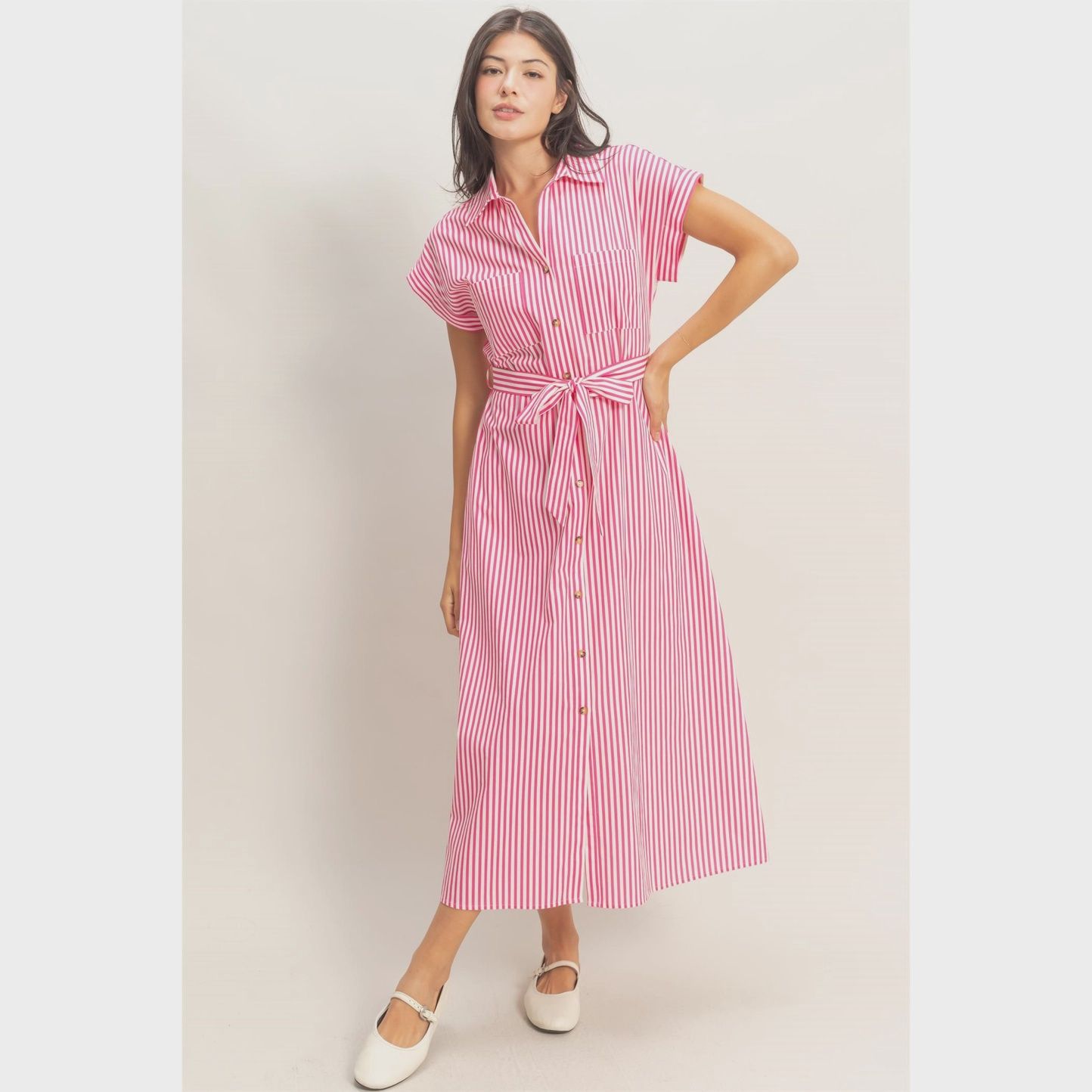 Candy Striped Poplin Dress - PINK
