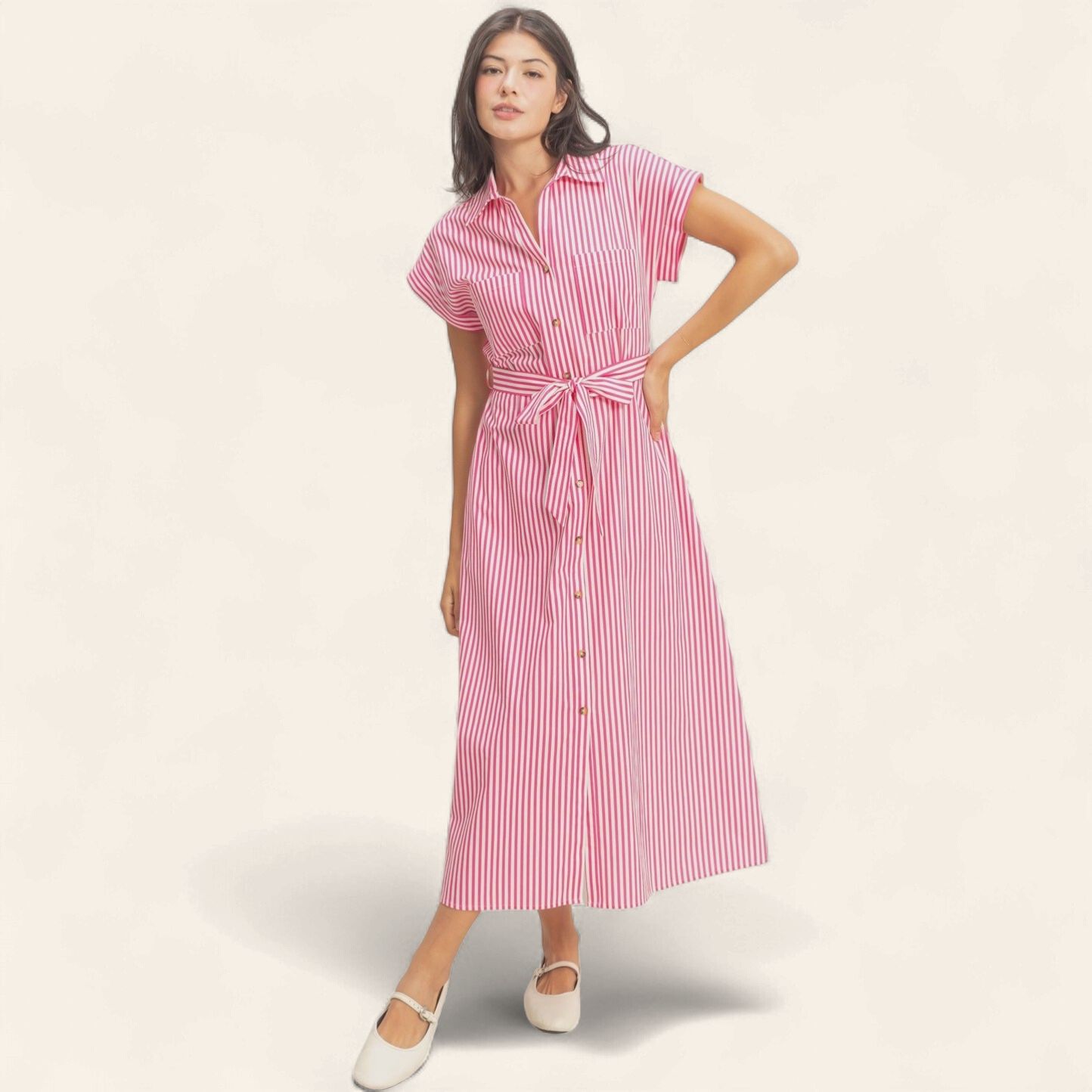 Candy Striped Poplin Dress - PINK