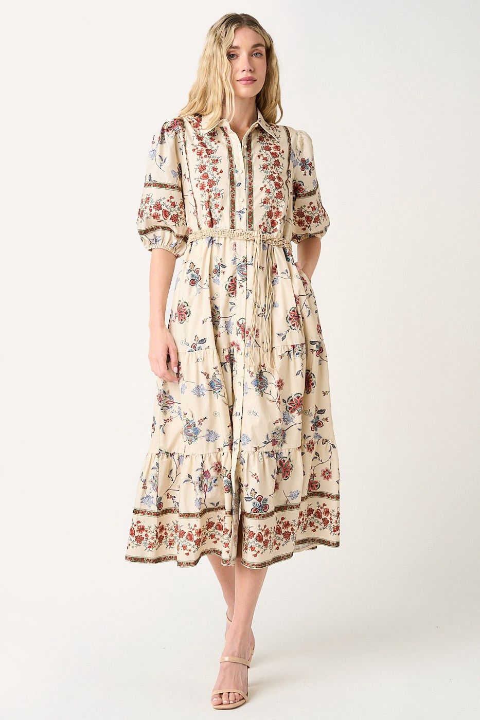 Andee Floral Border Midi Dress - Natural