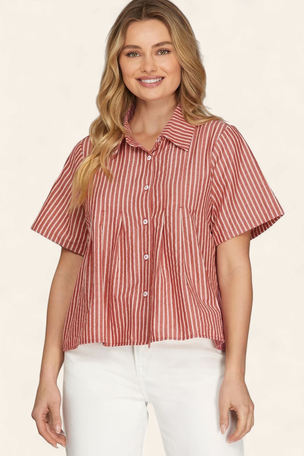 Cassidy Pleated Stripe Top - RED