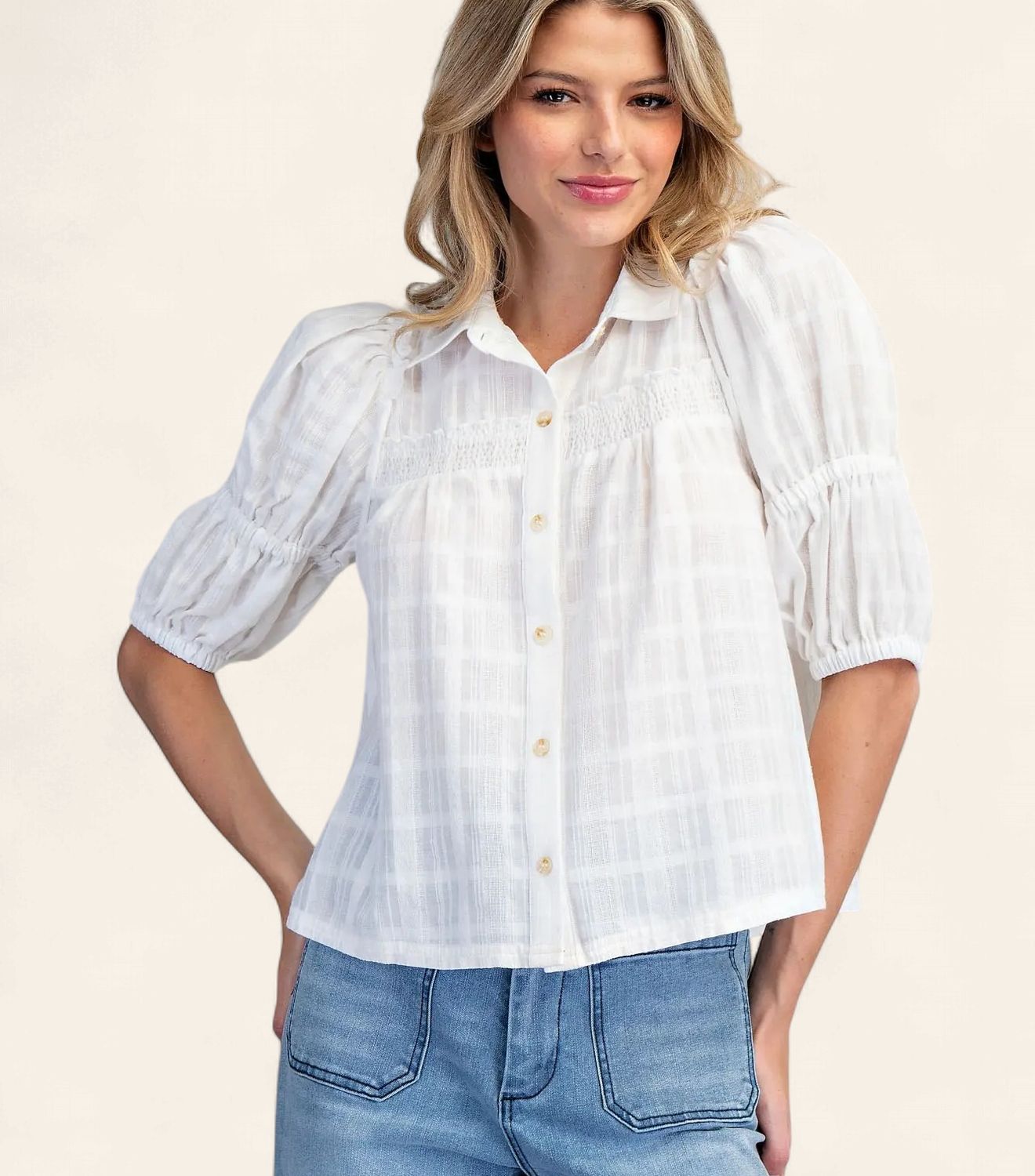 Angelina Smocked  Top - WHITE