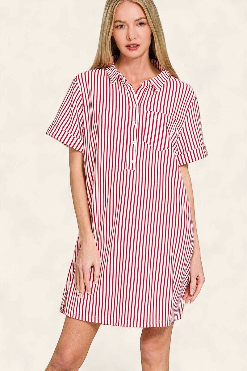 Kendra Collared Shirt Dress - RED