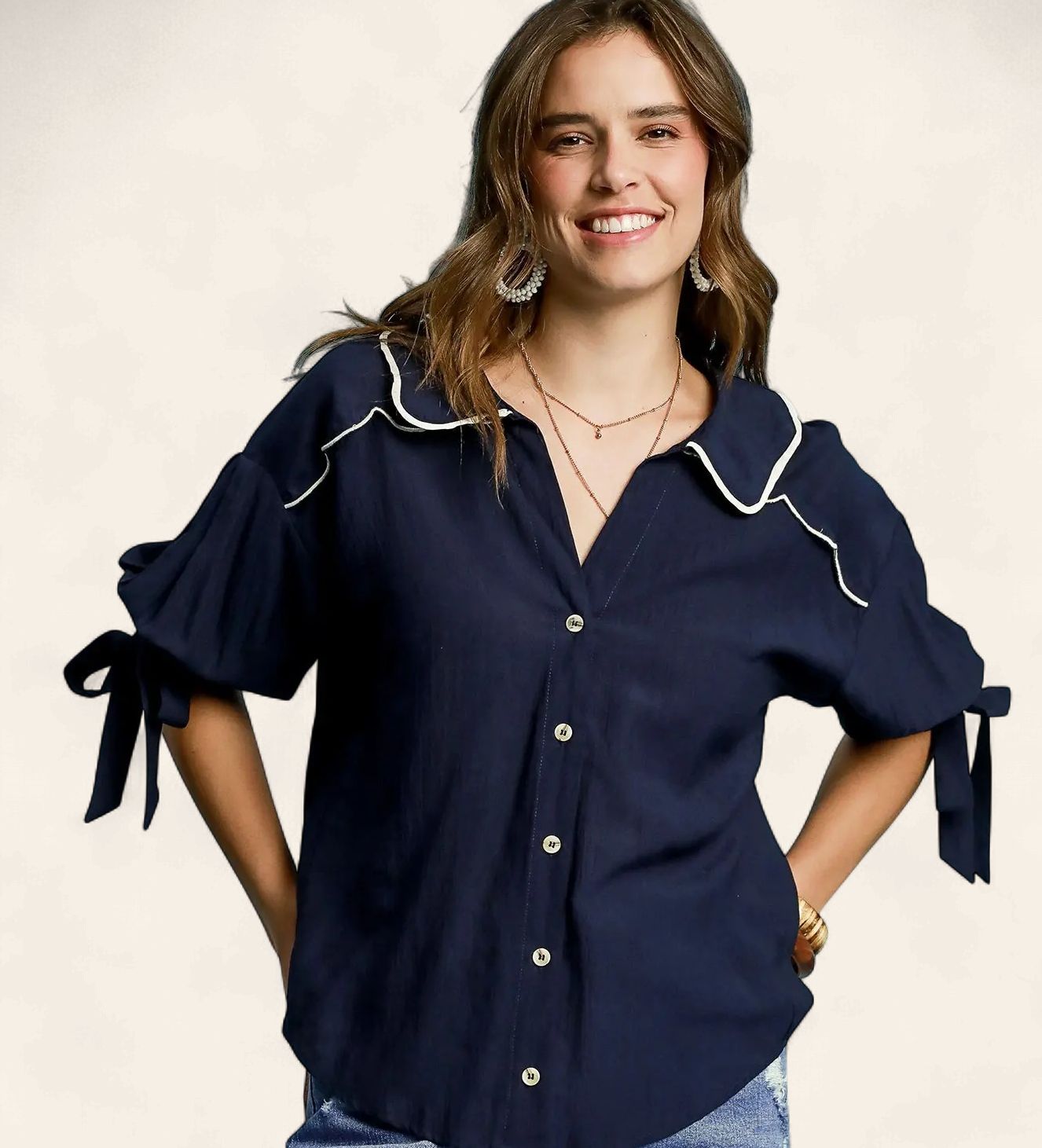 Mandi Button Up Collared Top - NAVY