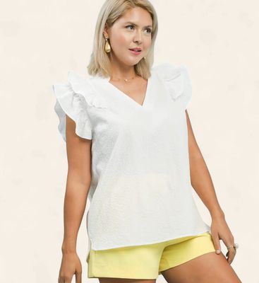 Plus Eden Textured V-Neck Top - OFF WHITE