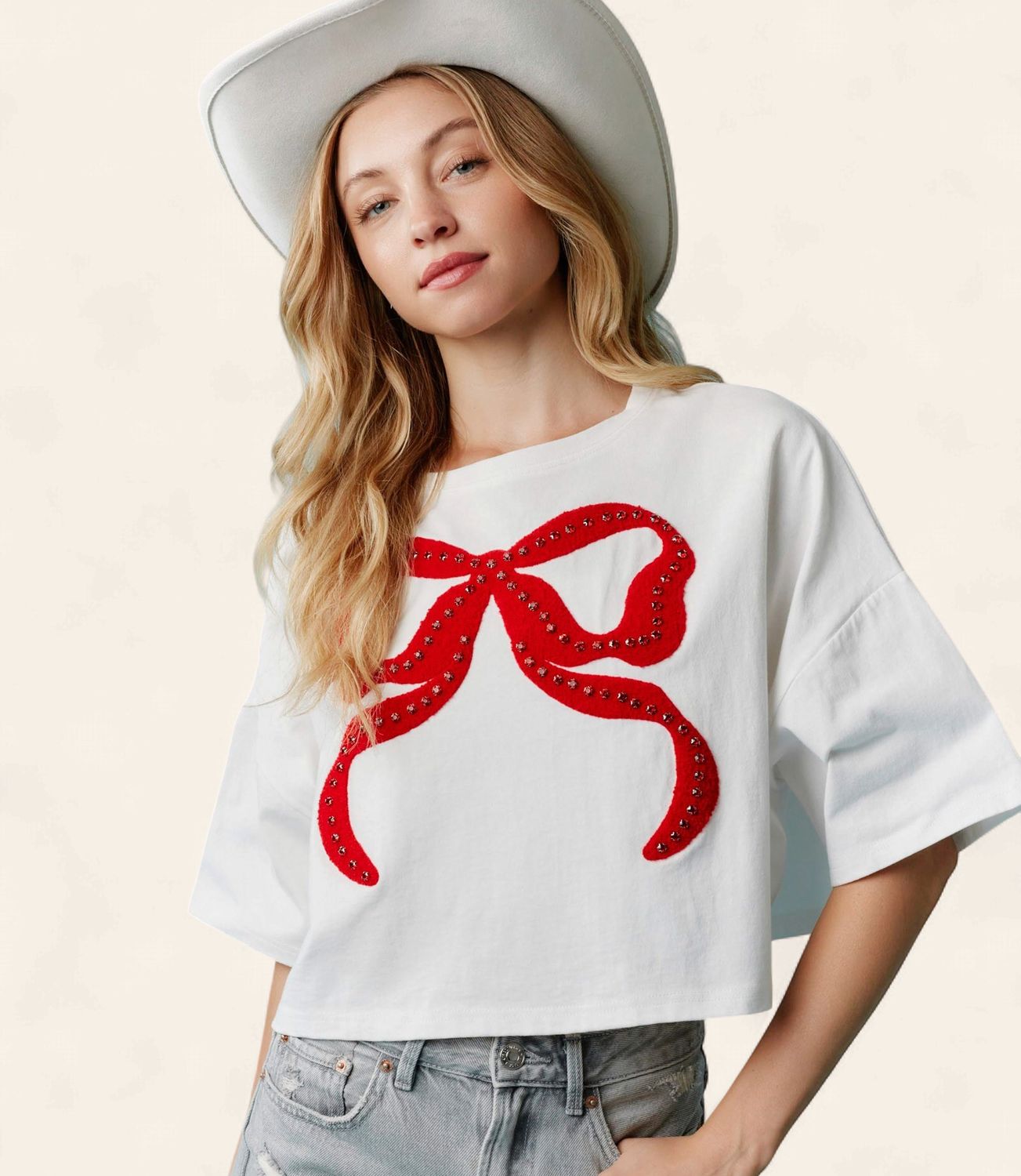 Rhinestone Bow Cotton Tee