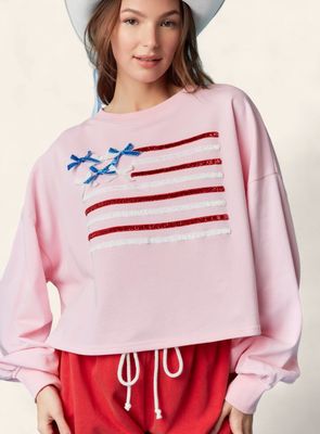 Flag Sparkle Trim Sweatshirt - PINK