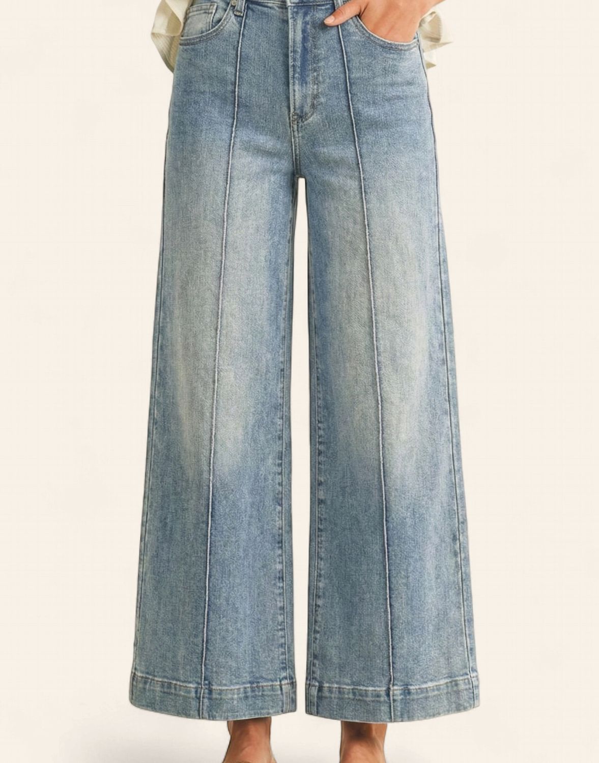Stretch High Rise Pin Tuck Detail Wide Leg Jean - LIGHT