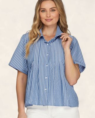 Cassidy Pleated Stripe Top - BLUE