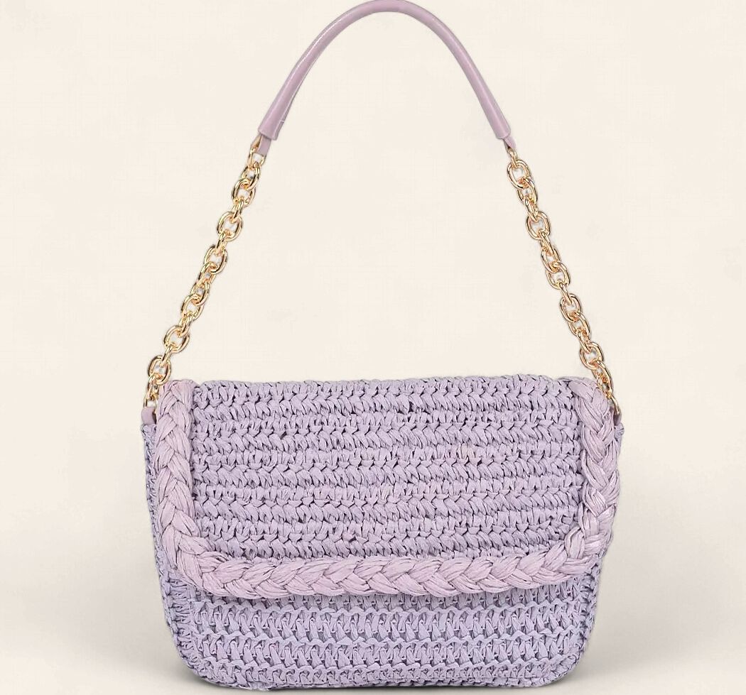Faux Straw Flap Clutch - PURPLE