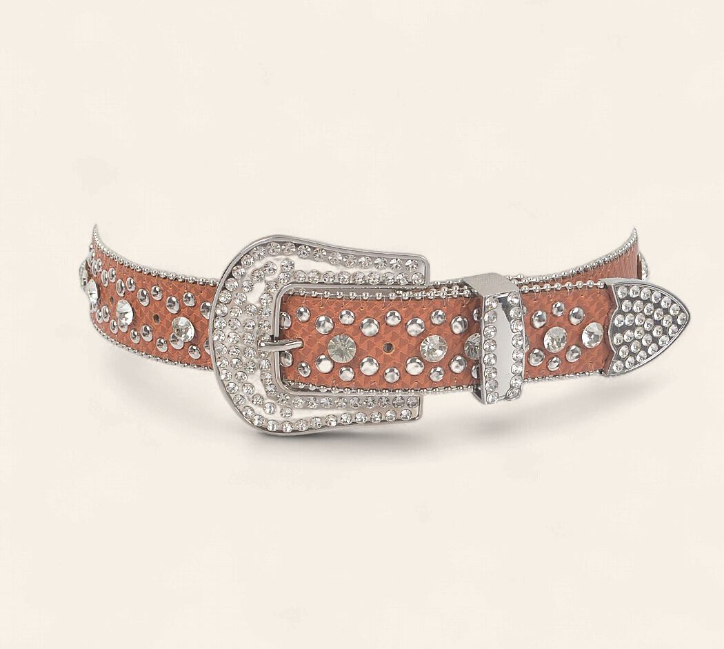 Studded Rhinestone Belt - CAMEL