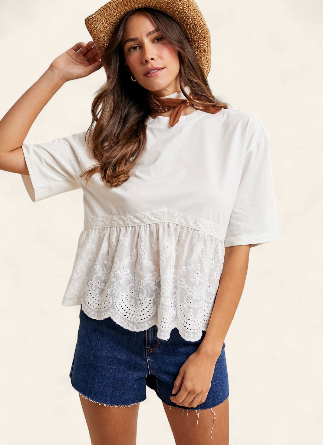 Jagger Mixed Media Babydoll Top - WHITE