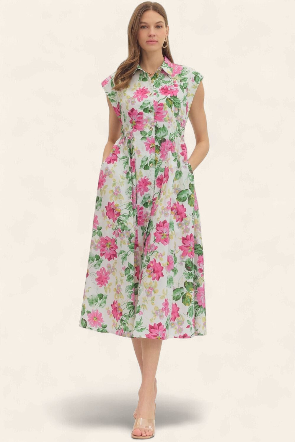 Evelyn Cap Sleeve Midi Dress - CREAM