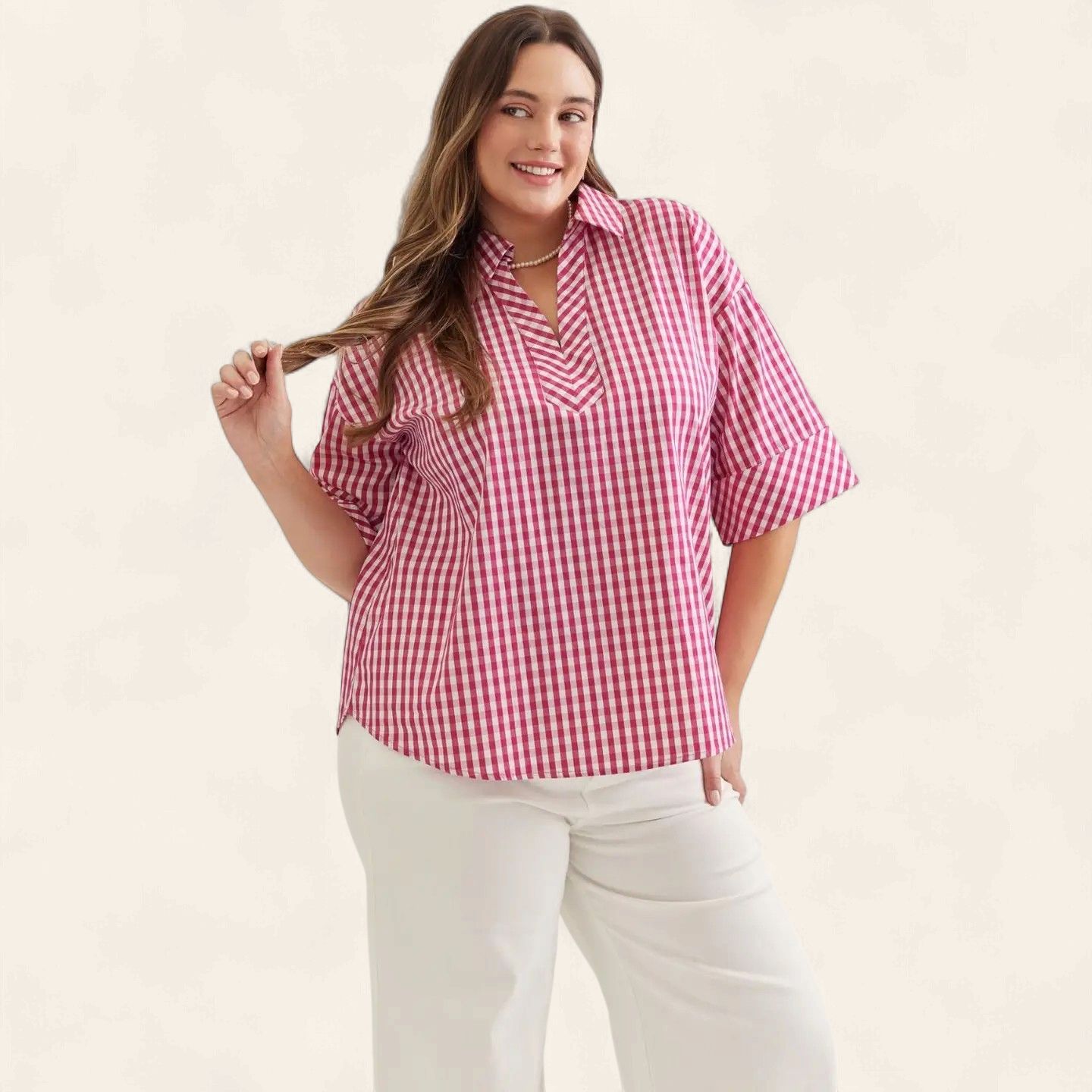 Plus Melanie Gingham Top - HOT PINK