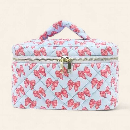 Pink Bow Quilted Makeup Bag