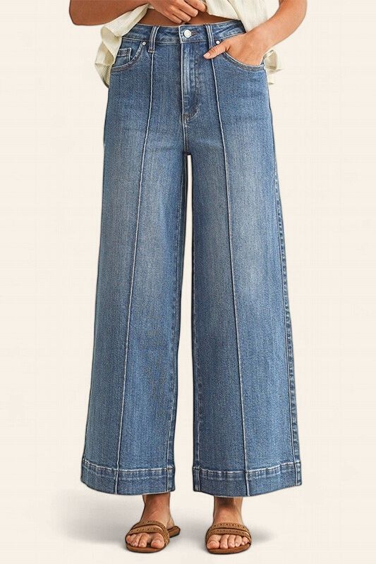 Stretch High Rise Pin Tuck Detail Wide Leg Jean - MEDIUM
