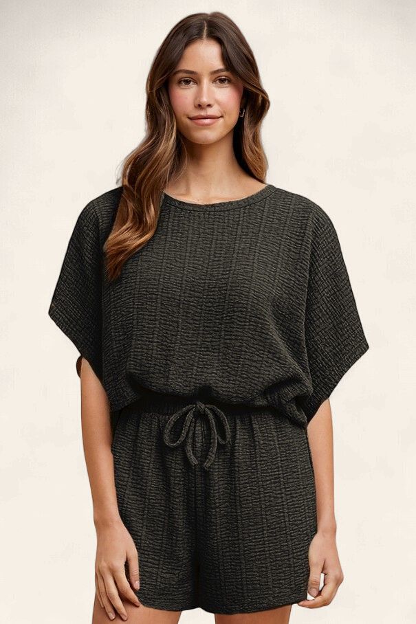 The Tessa Textured Knit Top &amp; Shorts Set - BLACK