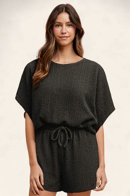 The Tessa Textured Knit Top &amp; Shorts Set - BLACK