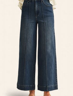 Stretch High Rise Pin Tuck Detail Wide Leg Jean - DARK