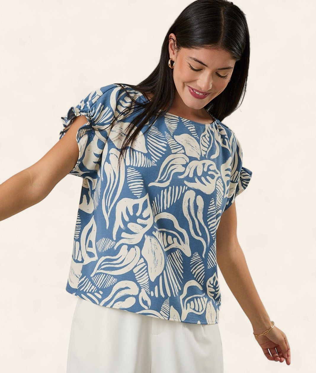 Erica Leaf Print Top - DENIM BLUE