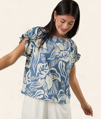 Erica Leaf Print Top - DENIM BLUE