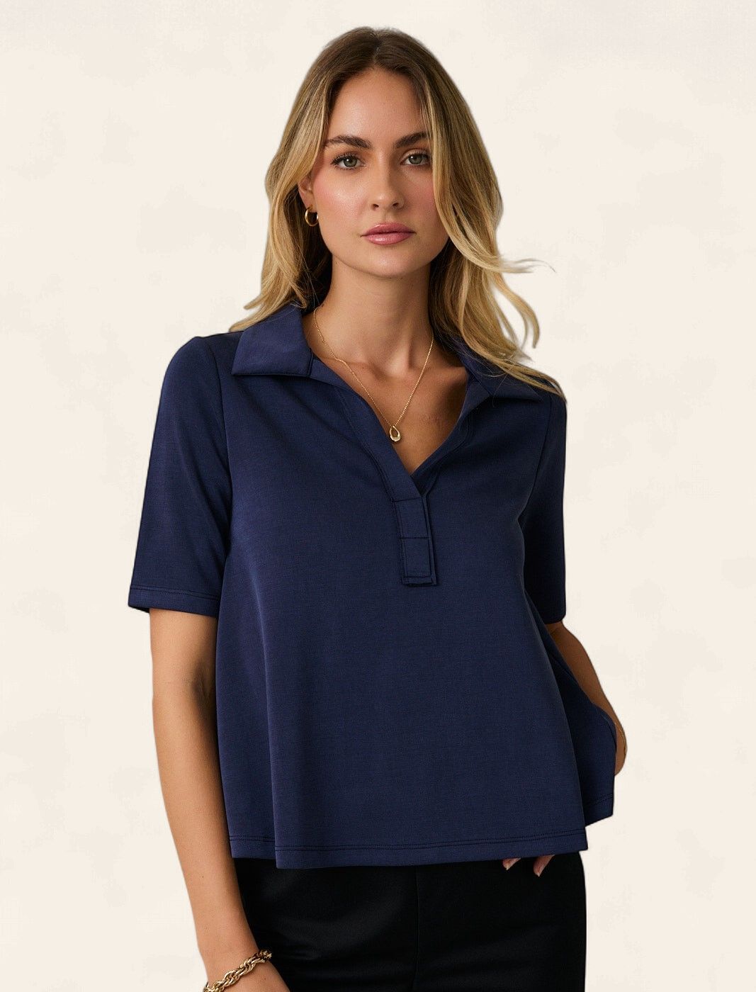 Anna Half Sleeve Polo Top - NAVY