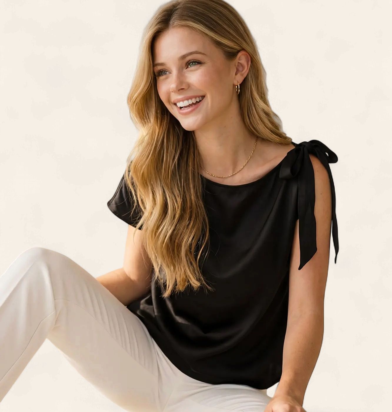 Macy Tied Shoulder Satin Top - BLACK