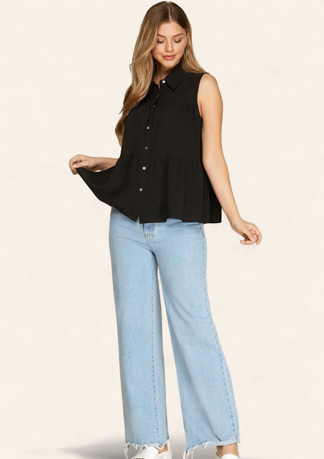 Holly Tiered Button Down Top - BLACK