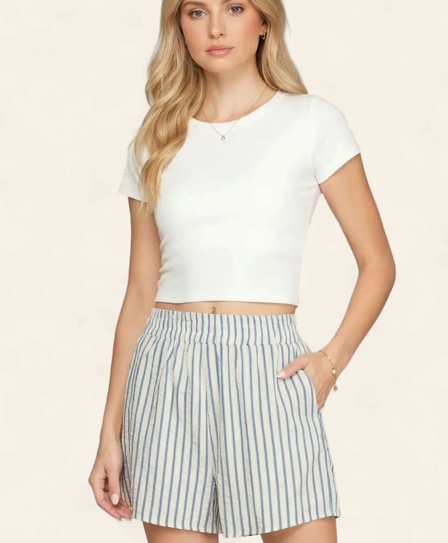 Adele Elastic Waist Striped Shorts - BLUE/WHITE