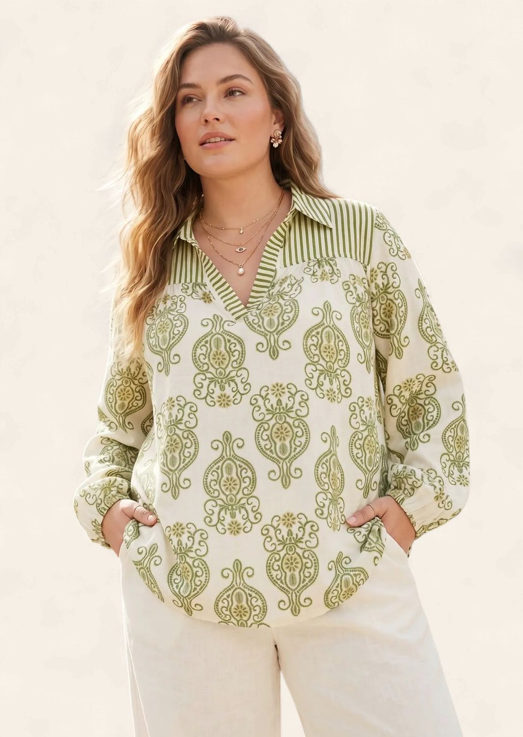 Plus Cara Collared Top -TAUPE