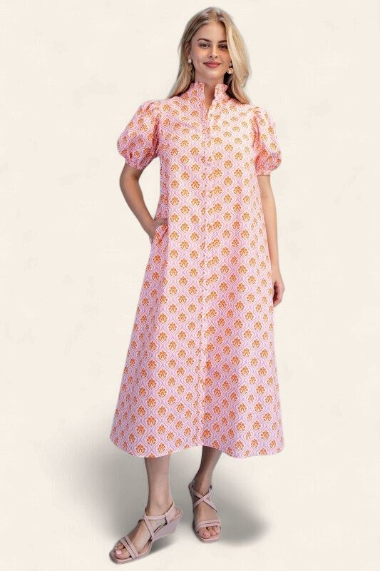 Jenna Button Down Midi Dress - PINK/ORANGE