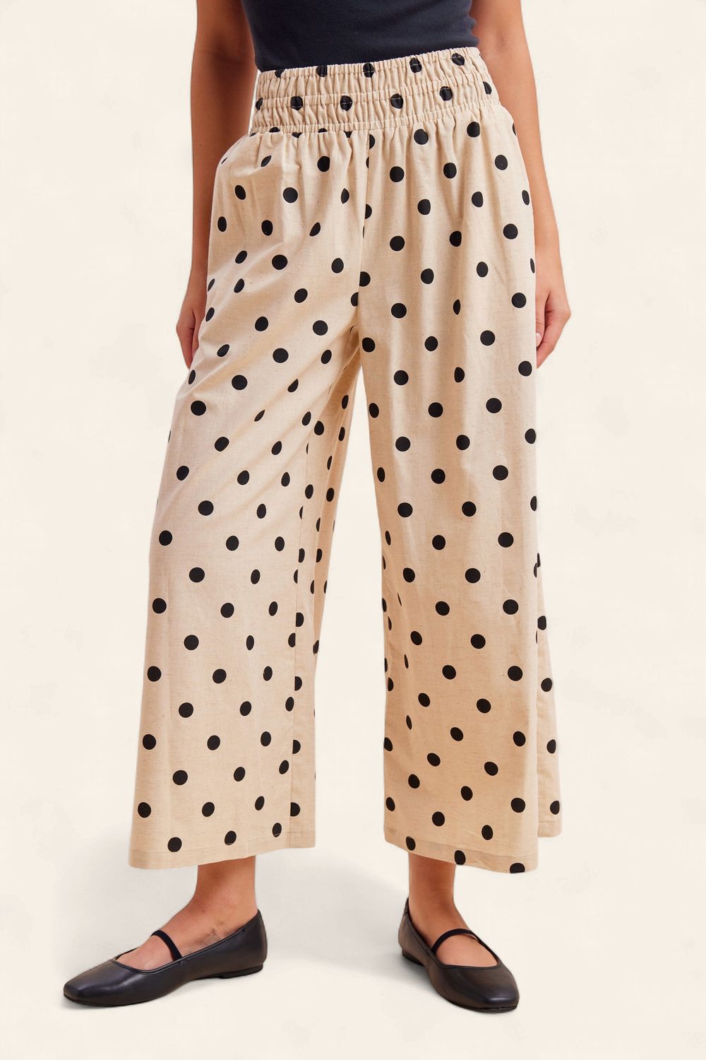 Polka Dot Linen Cropped Pants - LINEN/NAVY